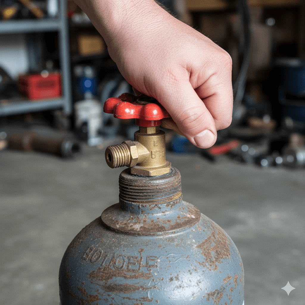Main essayant de tourner le volant d'un robinet de bouteille de gaz, visiblement bloqué.