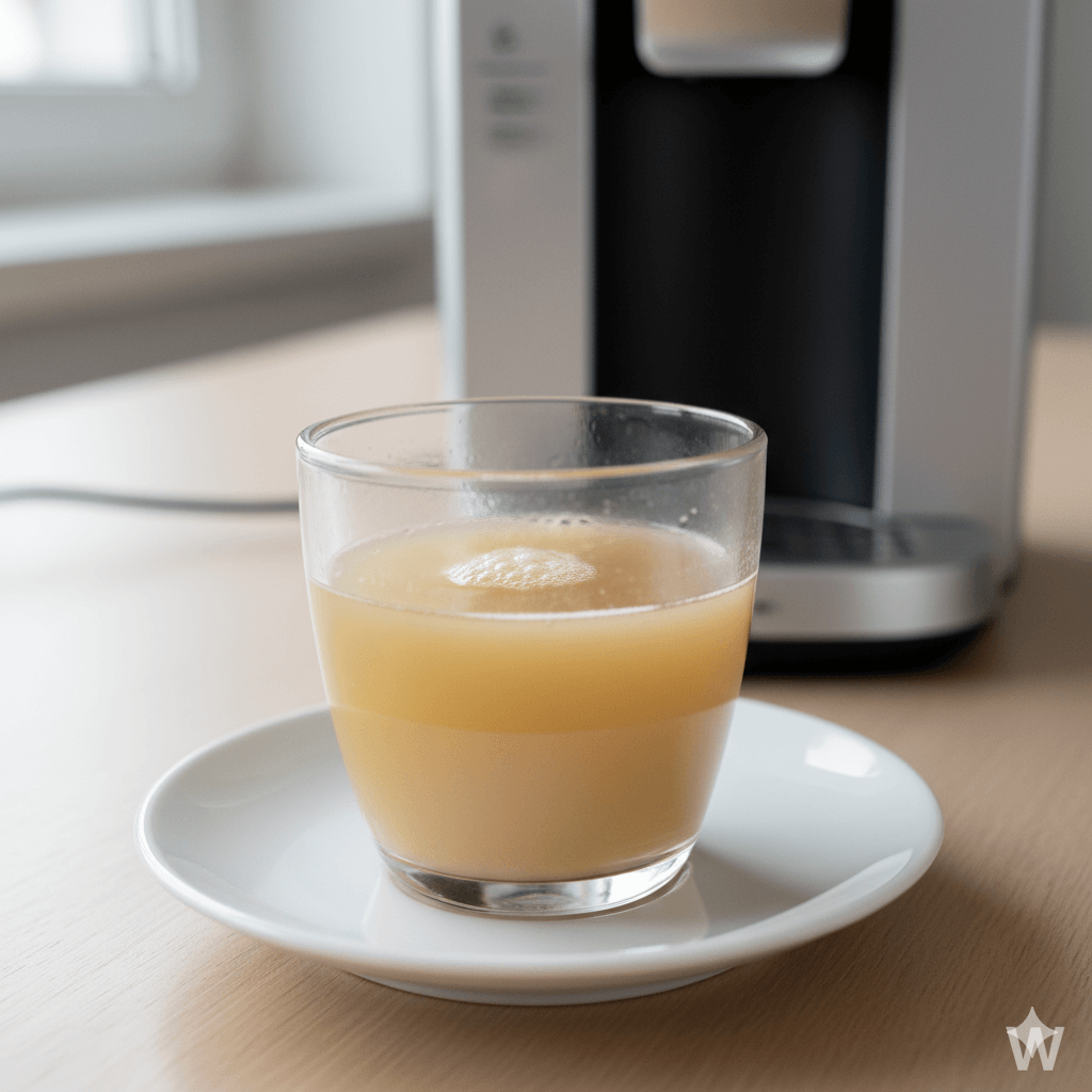 Tasse de café Senseo avec une crema quasi inexistante et une couleur très claire, signe d'un problème.